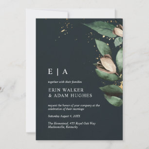 Moody Blue Gold Greenery Botanical Watercolor Einladung