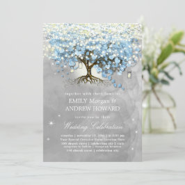 Moody Blue Gray Silver Heart Leaf Tree Wedding Einladung