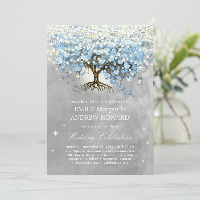 Moody Blue Gray Silver Heart Leaf Tree Wedding Einladung (Stehend Vorderseite)