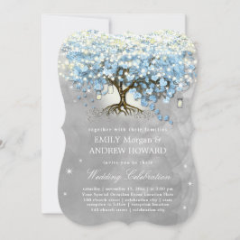 Moody Blue Gray Silver Heart Leaf Tree Wedding Einladung