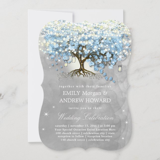 Moody Blue Gray Silver Heart Leaf Tree Wedding Einladung (Vorderseite)