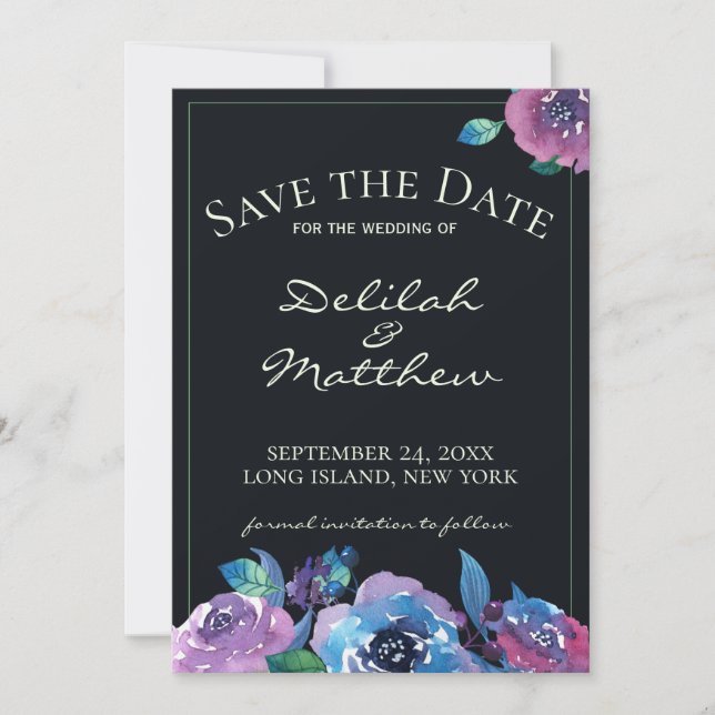 Moody Blue Lila Twilight Floral Save the Date (Vorderseite)