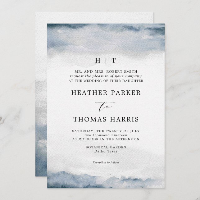 Moody Blue Watercolor Classic Elegante Wedding Einladung (Vorne/Hinten)