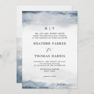 Moody Blue Watercolor Classic Elegante Wedding Einladung