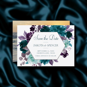 Moody Boho Aquamarin Türkisfarbenes Lila Bouquet Save The Date