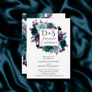 Moody Boho   Aquamarine Blumenkreide Monogram Wedd Einladung