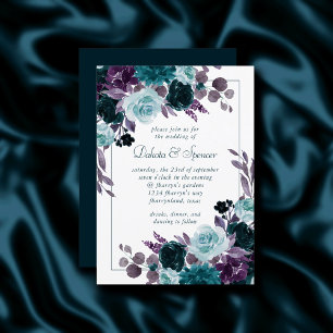 Moody Boho Aquamarine Dunkelblumen-Silberrahmen- Einladung