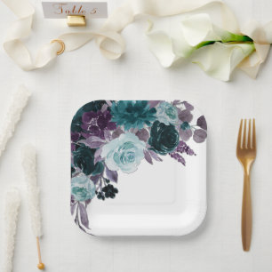 Moody Boho   Aquamariner und türkisfarbener Blumen Pappteller