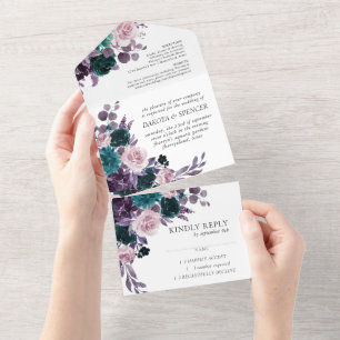Moody Boho   Aubergine Lila und Türkis Dunkle Blum All In One Einladung