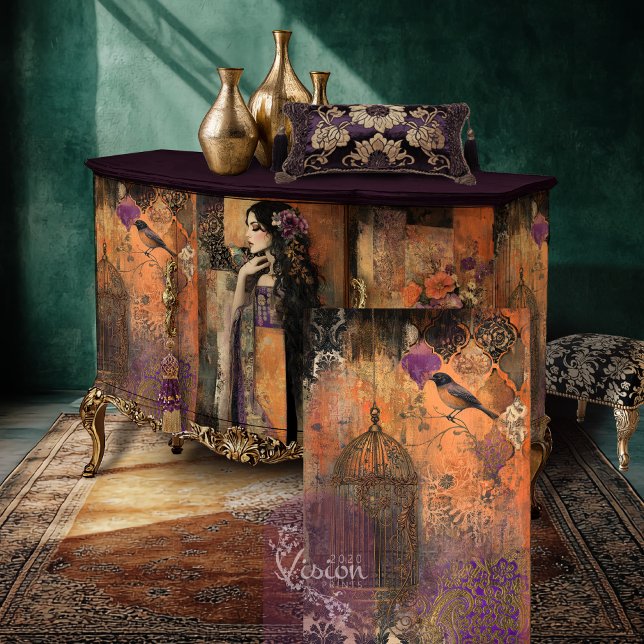 Moody Boho Bird & Birdcage Patchwork Art Seidenpapier (Mix and Match Moody Boho Patchwork Art, Bird and Cage, Moroccan Elements, Decoupage Tissue Paper. )