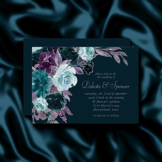 Moody Boho | Deep Aquamarin Türkise Lila Bouquet Einladung (Von Creator hochgeladen)