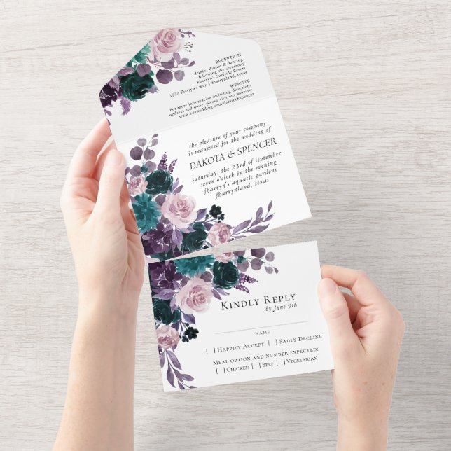 Moody Boho | Eggplant Lila Dark Floral Entree All In One Einladung (Abreißen)