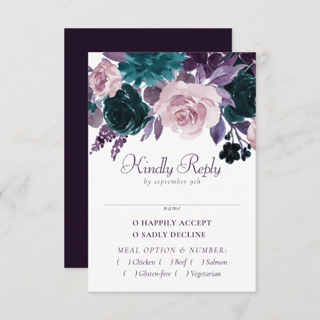 Moody Boho | Eggplant Lila Dark Floral Entree RSVP Karte (Vorne/Hinten)