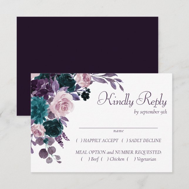 Moody Boho | Eggplant Lila Silber-Rahmen-Entflecht RSVP Karte (Vorne/Hinten)