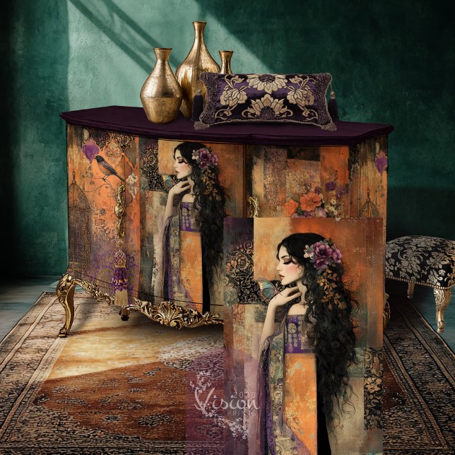 Moody Boho Girl - Kimono Patchwork Art Seidenpapier (Mix and Match, Moody Boho, Kimono Girl & Butterfly, Patchwork Art, Decoupage Tissue Paper)