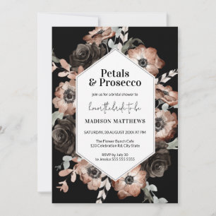 Moody Boho Petals & Prosecco Black Brautparty Einladung