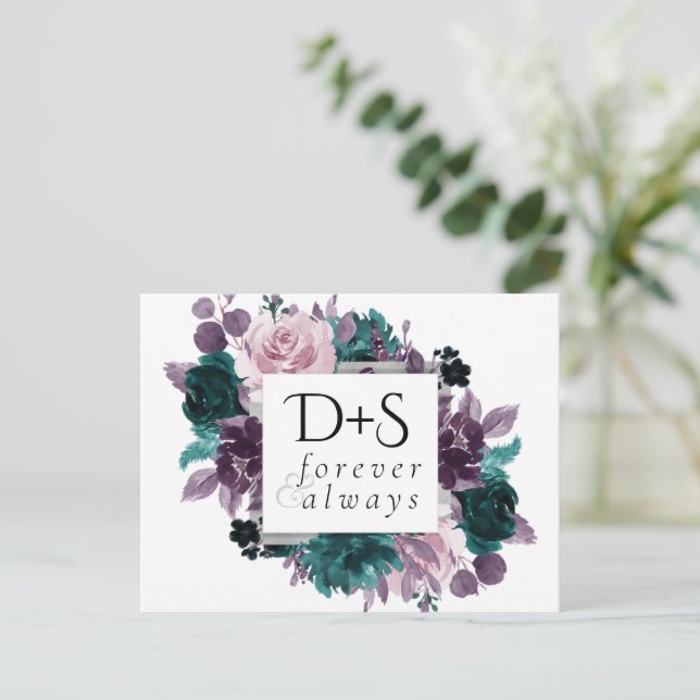 Moody Boho | Save the Date Aquamarin Lila Eggpflan Ankündigungspostkarte (Stehend Vorderseite)