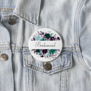 Moody Boho Teal and Purple Floral Bridal Party Button