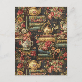 Moody Botanical floral Bookshelf & Teapot Postkarte