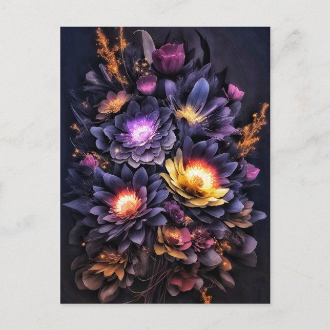 Moody-Bouquet schwarz-gelb violette Blumen Postkarte (Vorderseite)