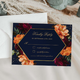 Moody Burgund Weinbrand Orange Navy Florale Hochze RSVP Karte