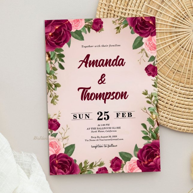 Moody Burgundy and Blush Floral Wedding Einladung (Moody Burgundy and Blush Floral Wedding Invitation)