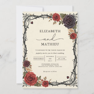 Moody Burgundy & Black Botanical Gothic Wedding Einladung