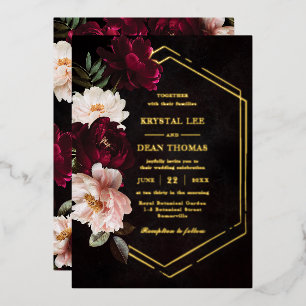 Moody Burgundy Blush Pink Bloral Peonies Wedding Folieneinladung