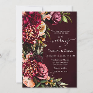 Moody Burgundy Elegant Floral mit QR Code Wedding Einladung