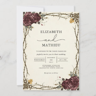 Moody Burgundy Floral Gothic Wedding Einladung