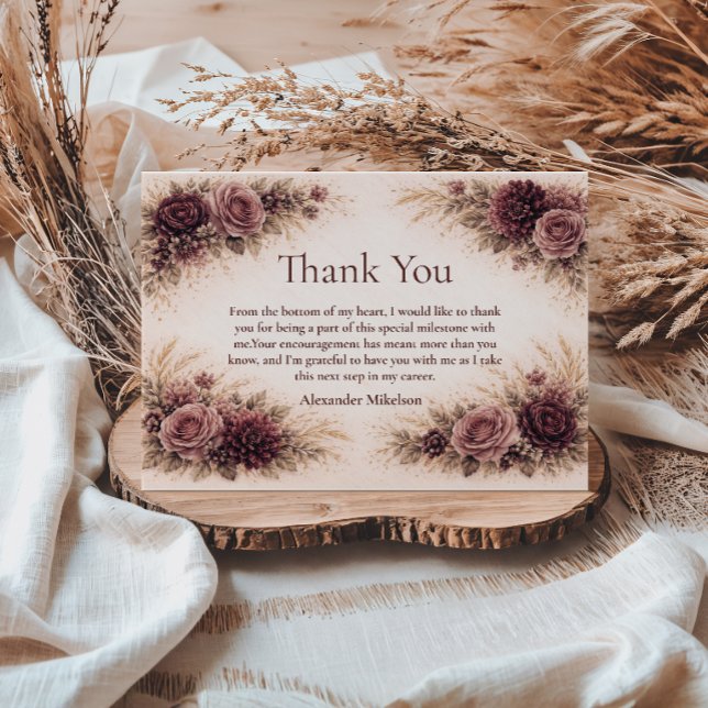 Moody Burgundy Floral Graduation Party Dankeskarte (Von Creator hochgeladen)