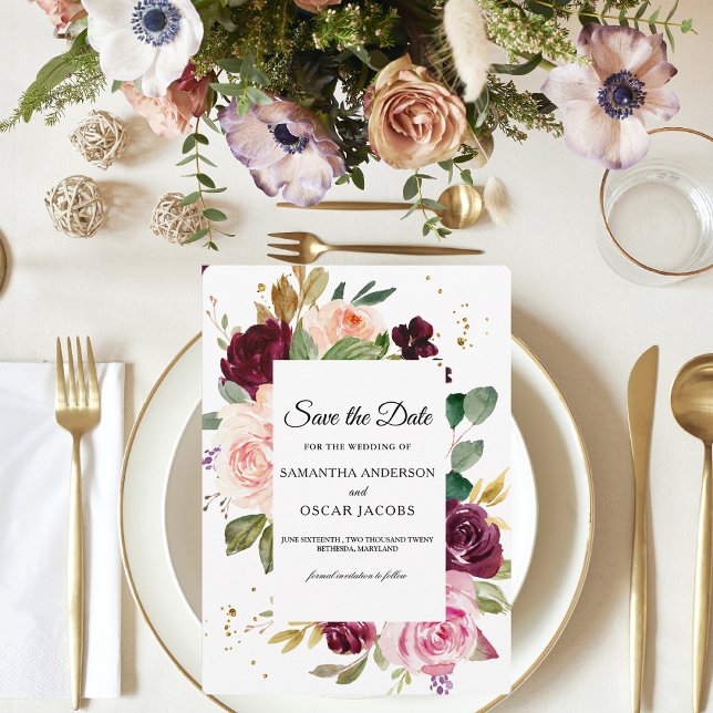 Moody Burgundy Floral | Rustikale Wasserfarbe Save The Date (Von Creator hochgeladen)