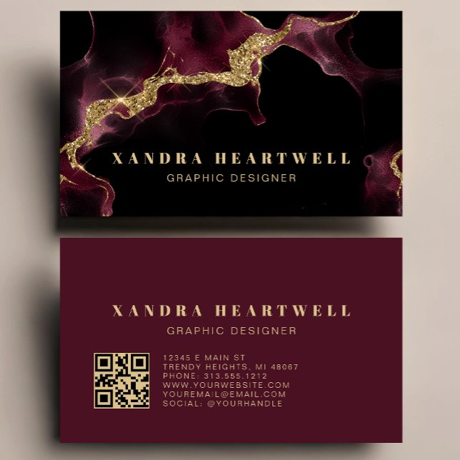 Moody Burgundy Gold Glitter Ink Abstract QR Code Visitenkarte (Von Creator hochgeladen)