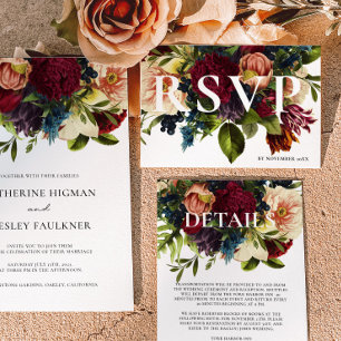 Moody Burgundy Winter Floral Wedding RSVP Karte