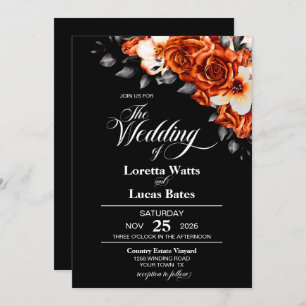 Moody Burnt Orange Rose Floral Black Wedding Einladung