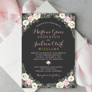 Moody Charcoal Floral Script Hochzeit Einladung