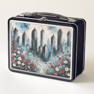 Moody City Skyline mit blühenden Wildblumen Metall Brotdose