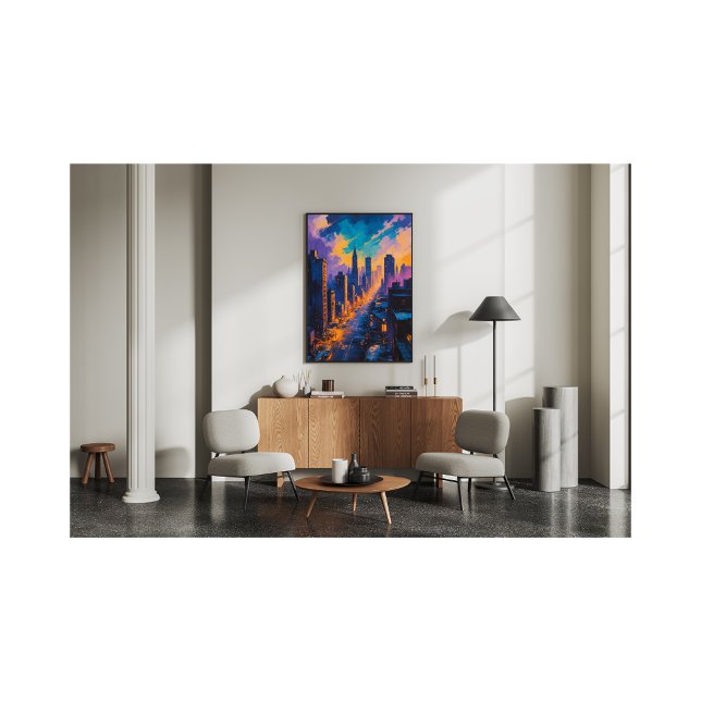 Moody Cityscape bei Dämmerung mit Neonlicht Fotodruck (Von Creator hochgeladen)