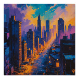 Moody Cityscape bei Dämmerung mit Neonlicht Poster