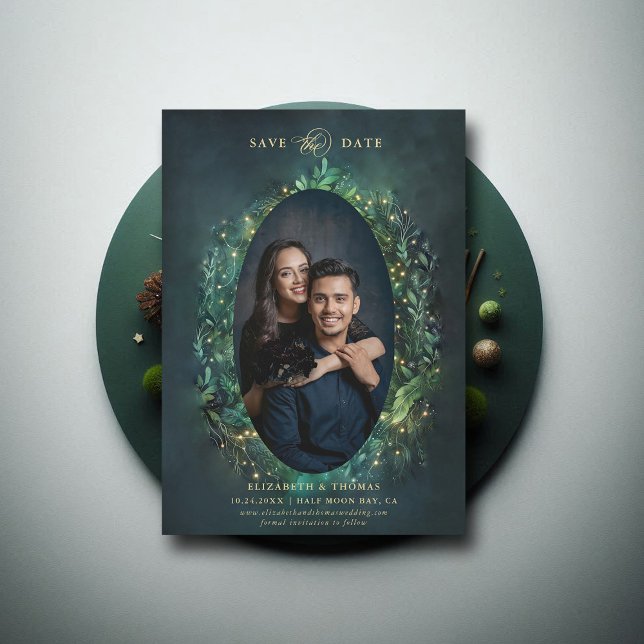 Moody Dark Elegant Bezauberndes Forest Foto Hochze Save The Date (enchanted forest woodland wedding photo save date calligraphy fairy tale dramatic moody dark romance)