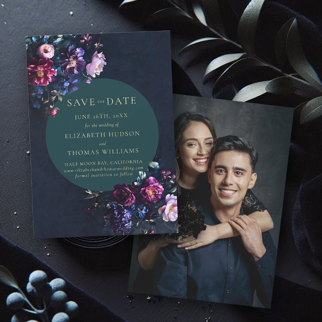 Moody Dark Elegant Floral Jewel Tone Foto Wedding Save The Date (wedding save the date moody dark romantic gothic floral navy blue emerald jewel tone photo template)