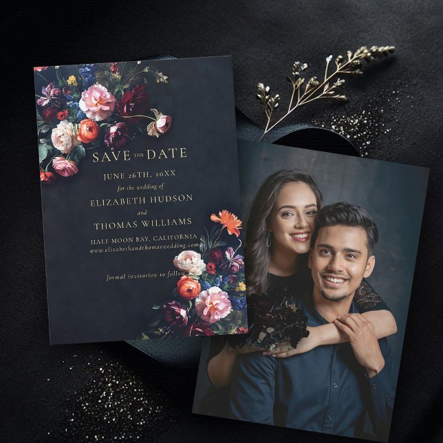 Moody Dark Elegante Romantic Floral Foto Wedding Save The Date (wedding save the date moody dark romantic gothic floral black dutch masters photo announcement)