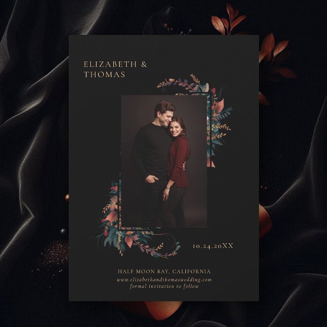 Moody Dark Elegantes Romantic Fall Foto Wedding Save The Date (wedding save the date moody dark romantic fall autumn floral black botanical photo announcement)