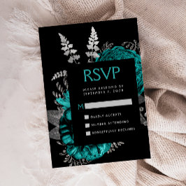 Moody Dark Floral Aquamarin Silver Wedding RSVP Begleitkarte