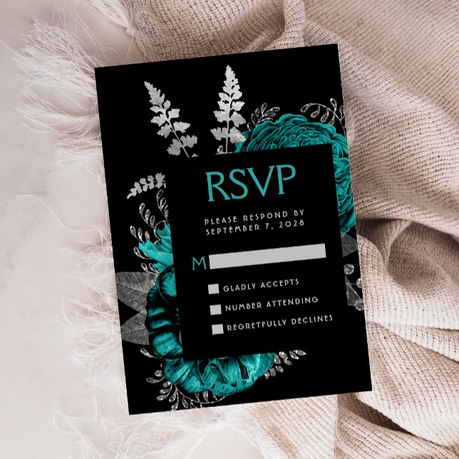 Moody Dark Floral Aquamarin Silver Wedding RSVP Begleitkarte (Von Creator hochgeladen)