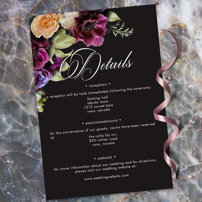 Moody Dark Floral Black Burgundy Romantic Wedding Begleitkarte (Moody Dark Floral Black Burgundy Romantic Wedding Enclosure Card)