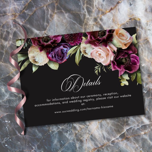 Moody Dark Floral Black Burgundy Romantic Wedding Begleitkarte (Moody Dark Floral Black Burgundy Romantic Wedding Enclosure Card)