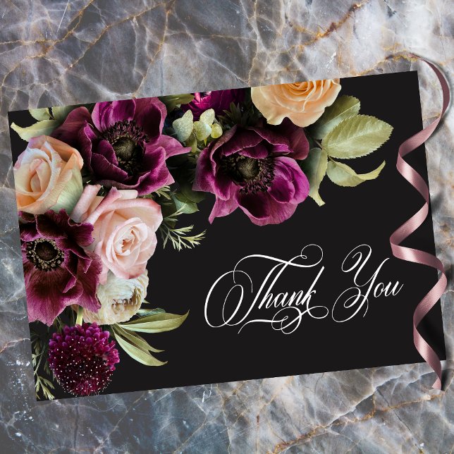 Moody Dark Floral Black Burgundy Romantic Wedding  Dankeskarte (Moody Dark Floral Black Burgundy Romantic Wedding Thank You Card)