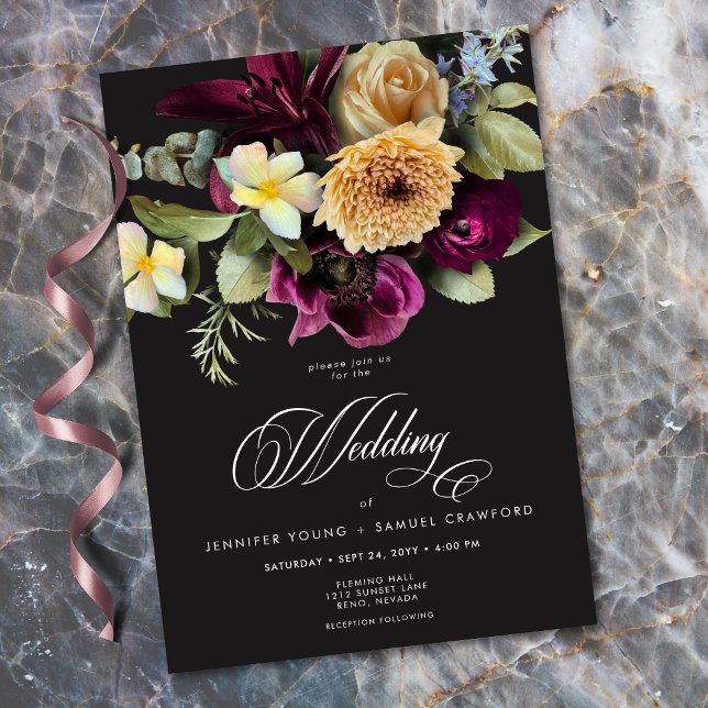 Moody Dark Floral Black Burgundy Romantic Wedding Einladung (Moody Dark Floral Black Burgundy Romantic Wedding Invitation)