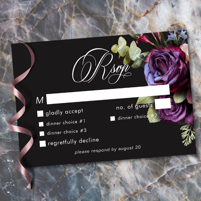 Moody Dark Floral Black Burgundy Romantic Wedding RSVP Karte (Moody Dark Floral Black Burgundy Romantic Wedding RSVP Card)